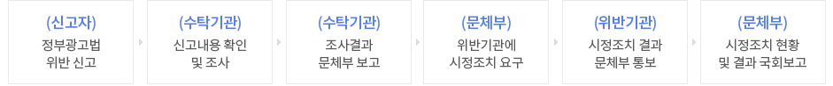 신고자 정부광고법 위반신고 → 수탁기관 신고내용 확인 및 조사 → 수탁기관 조사결과 문체부 보고 →문체부 위반기관에 시정조치요구 →위반기관 시정조치 결과 문체부 통보 →문체부 시정조치 현황 및 결과 국회보고